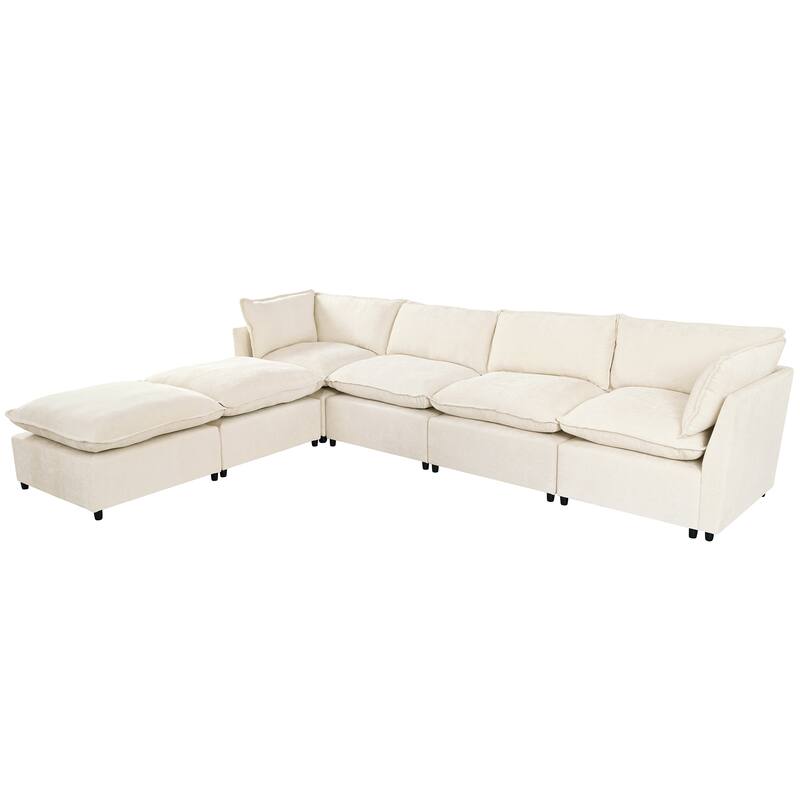 U-Shape Sectional Sofa Upholstered Couch with Removable Cushions and Solid Wood Frame, Modular Sofa 2 with Movable Ottoman