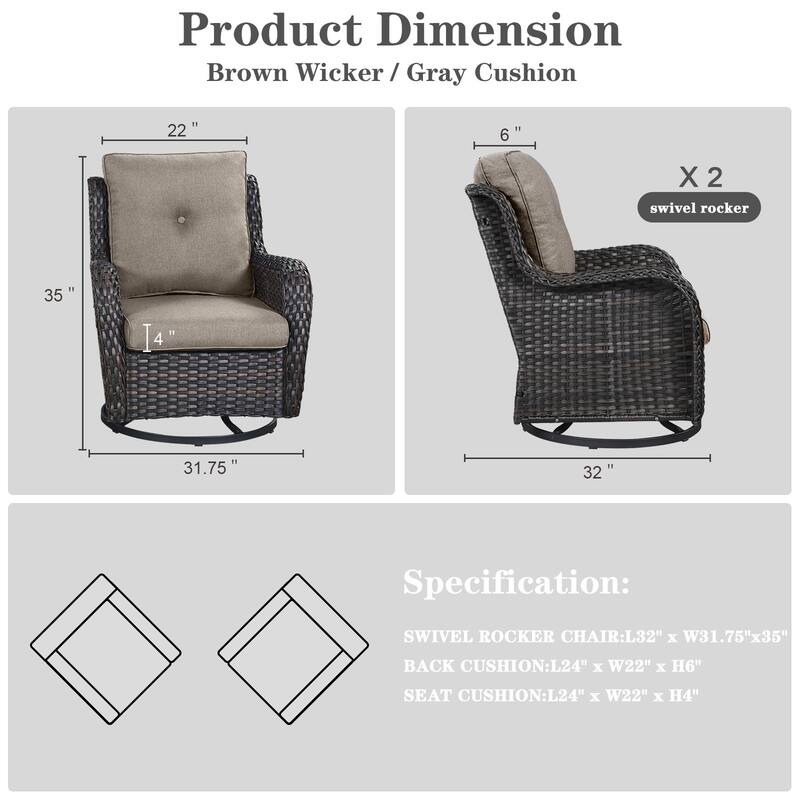 Pocassy 3-Piece Outdoor Swivel Bistro Set, Wicker Rocking Chairs