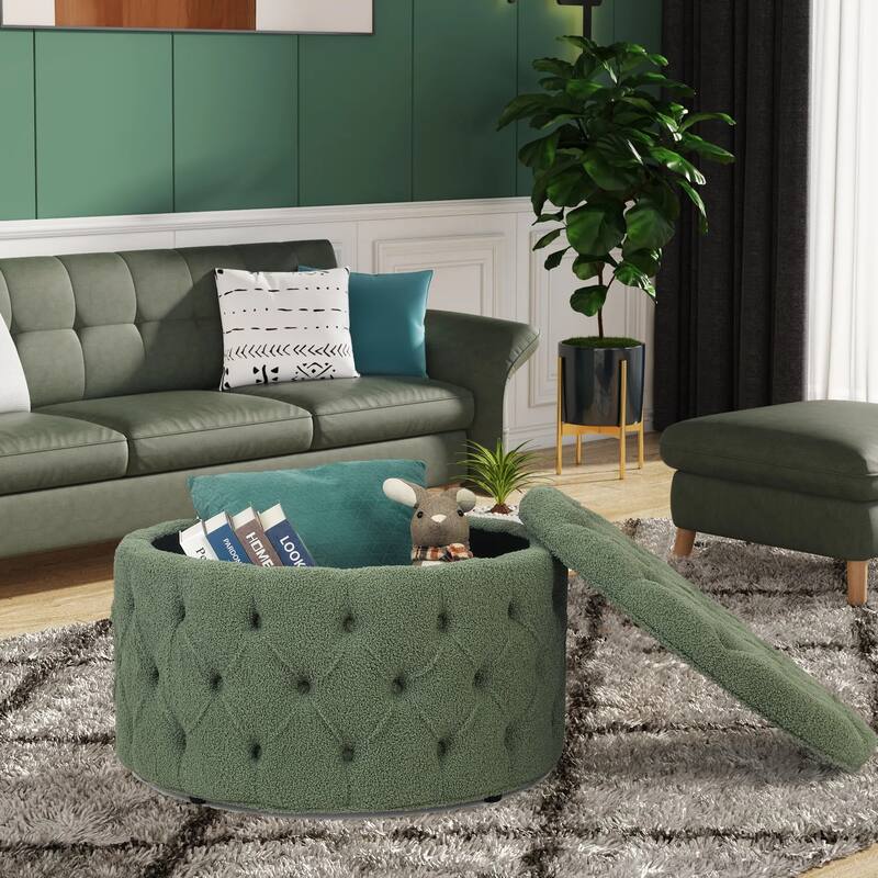 Adeco Round Storage Ottoman Button Tufted Footrest Stool Bench