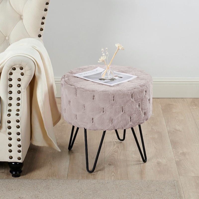 Jacquard Solid Fauxfur Round Ottoman