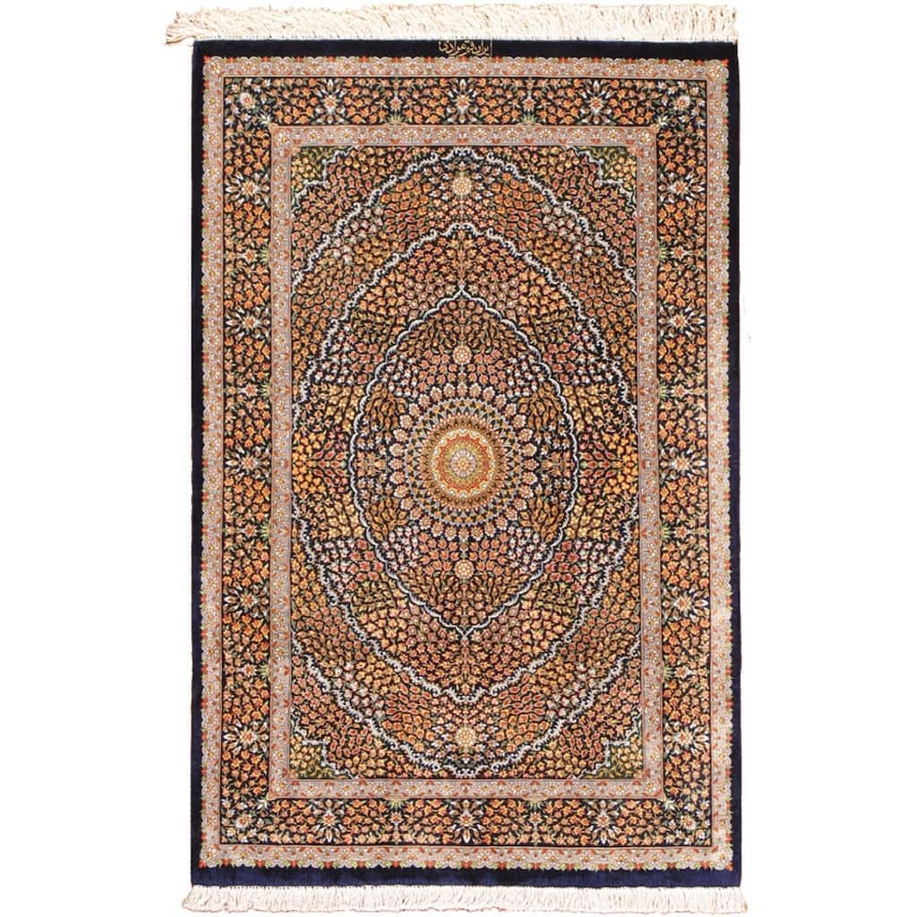 Pasargad Home Qum Collection Hand-Knotted Pure Silk Area Rug- 2' 7" X 4' 0" - 2' 7" X 4' 0"