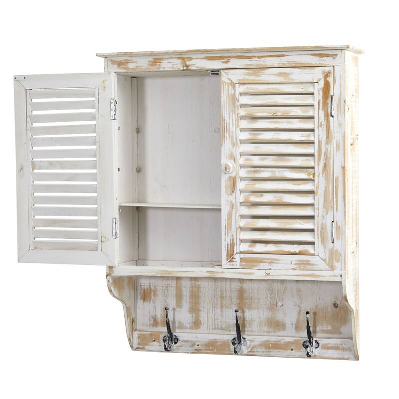 32" White Rectangular Double Door Wall Cabinet with Hooks