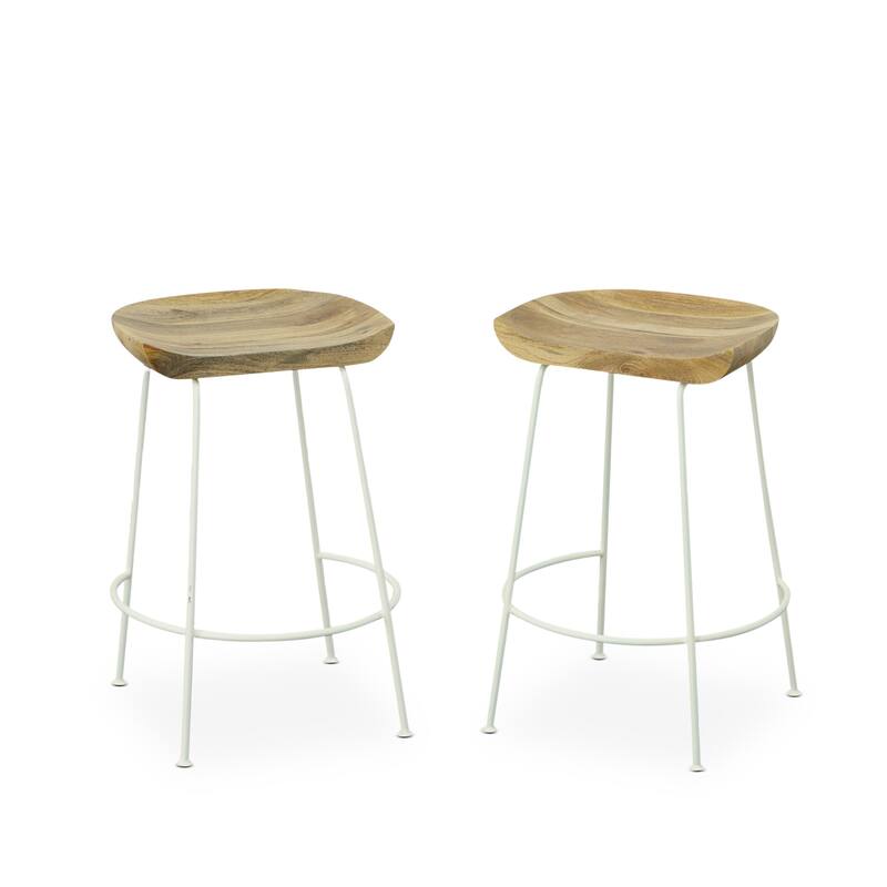 HomeRoots Set of Two 25" Natural And White Steel Backless Counter Height Bar Chairs
