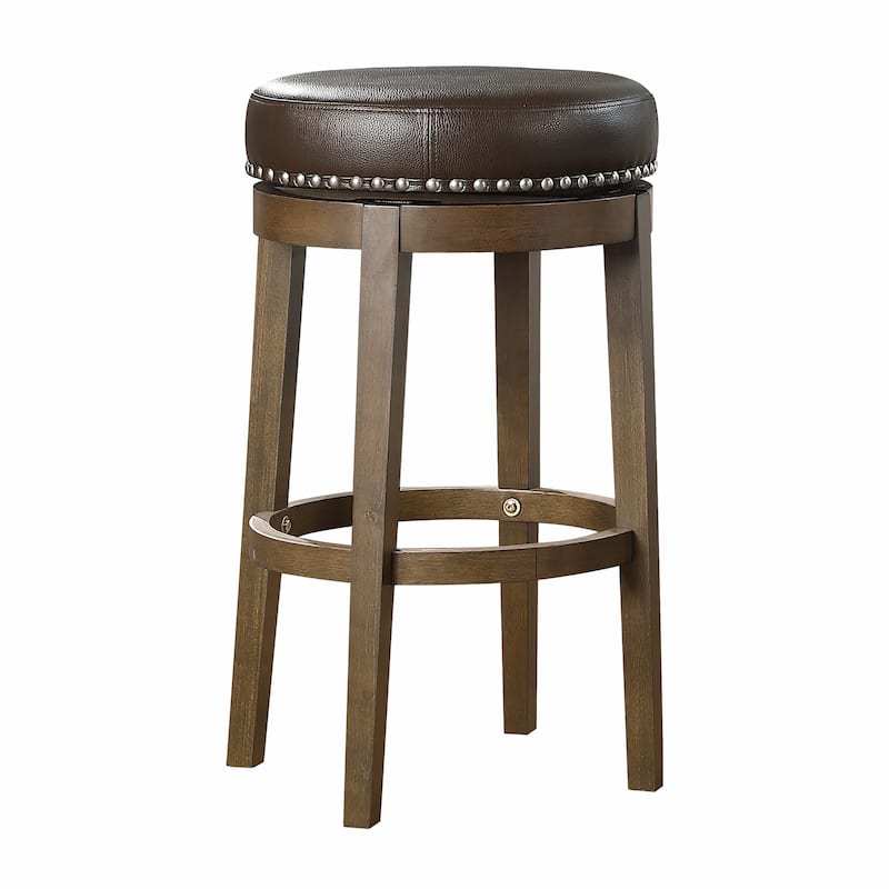 2-Piece Round Swivel Bar Stool Set - Brown Faux Leather with Nailhead Trim & Brown Frame