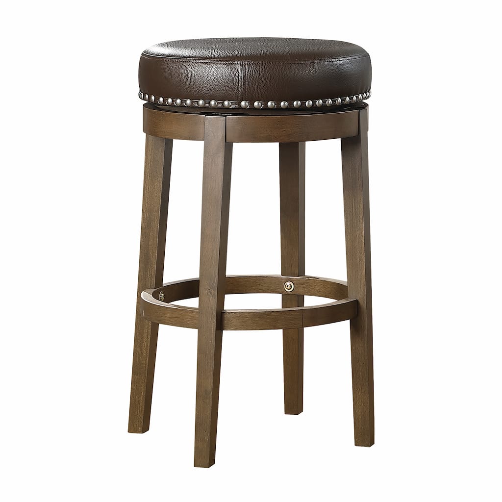 2-Piece Round Swivel Bar Stool Set - Brown Faux Leather with Nailhead Trim & Brown Frame