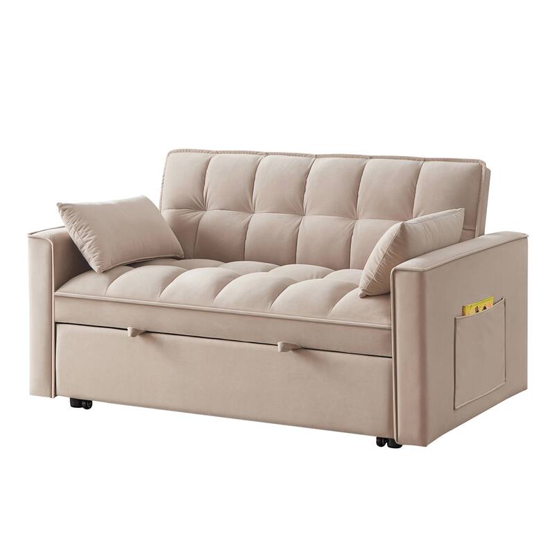 4 in1 Tufted Pull-out Sofa Bed with Backrest, Pillows, Storage Pockets