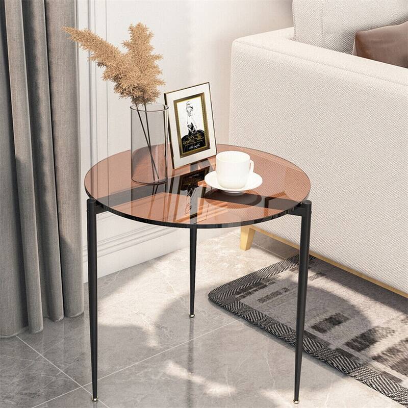 Round Tempered Glass End Table Sofa Table with Metal Frame for Living Room - 19.7x19.7 inch
