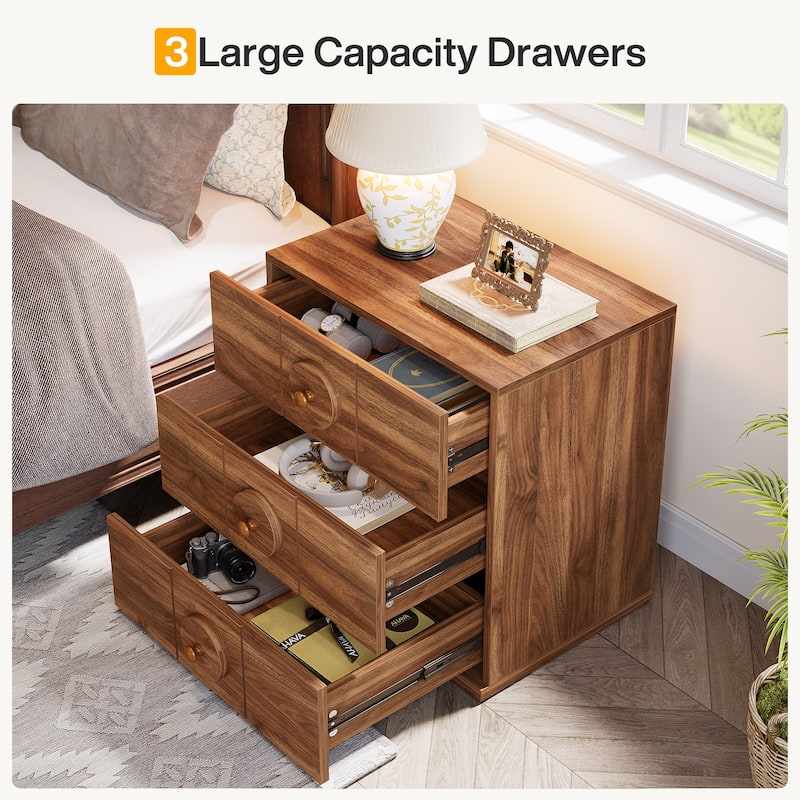Modern Nightstand with 3 Drawers, Wood Bedside Table with Solid Handles