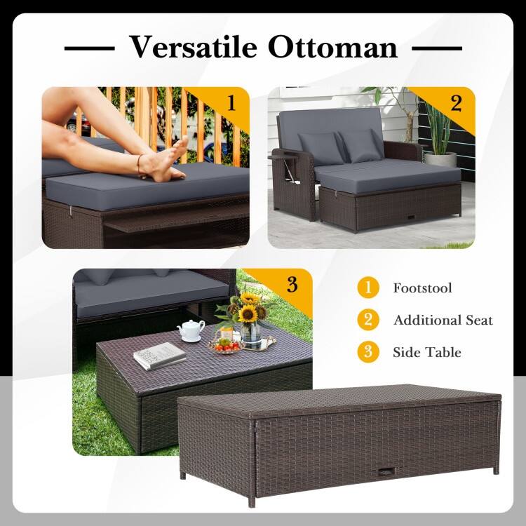 Patio Rattan Daybed with 4-Level Adjustable Backrest and Retractable Side Tray - 31" x 67" x 36"