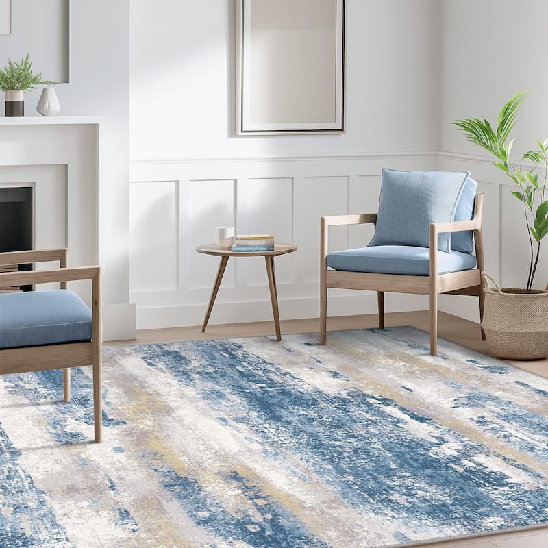 Mcow Modern Abstract Blue & Cream Low-Pile Area Rug