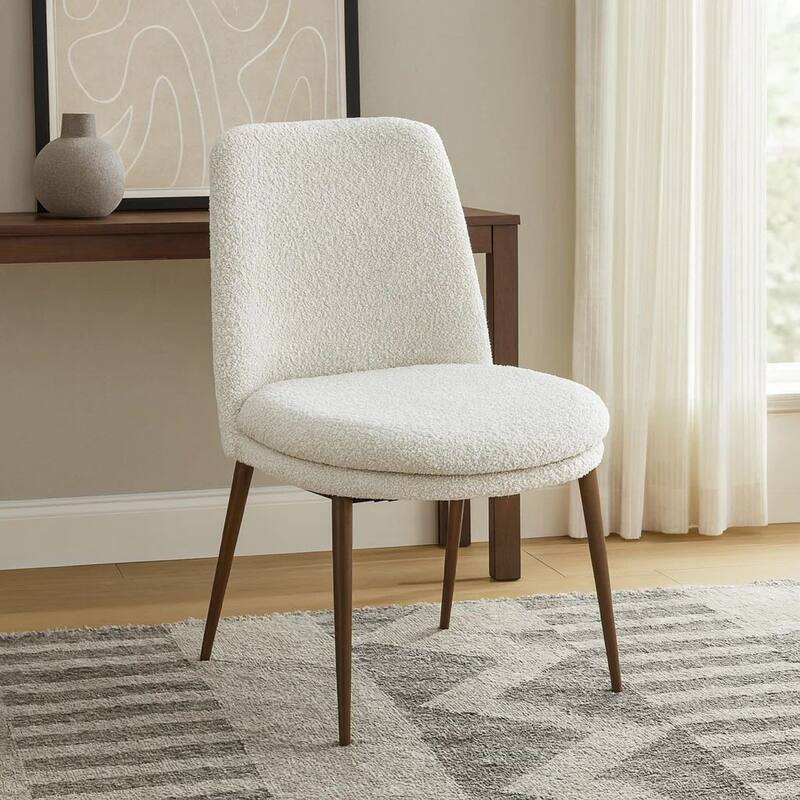 Zame 20 Inch Dining Chair, Boucle Fabric, Tapered Legs, Set of 2, White, Brown