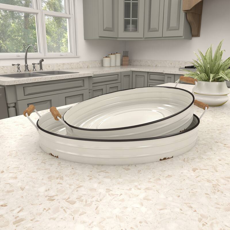 White Iron Farmhouse Tray (Set of 2) - 21 x 15 x 4