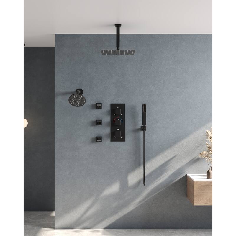 Thermostatic Dual Heads 12" Multi-Function Shower System with 3 Body Sprays