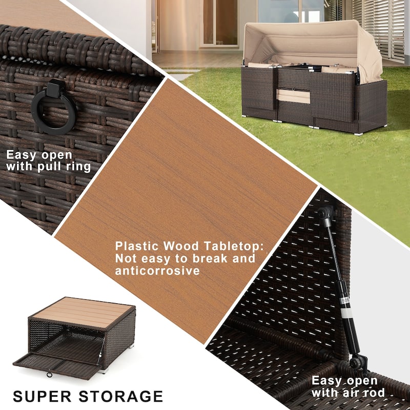 EROMMY 6-Piece Patio Furniture Set, Rattan Daybed with Canopy and Adjustable Backrest