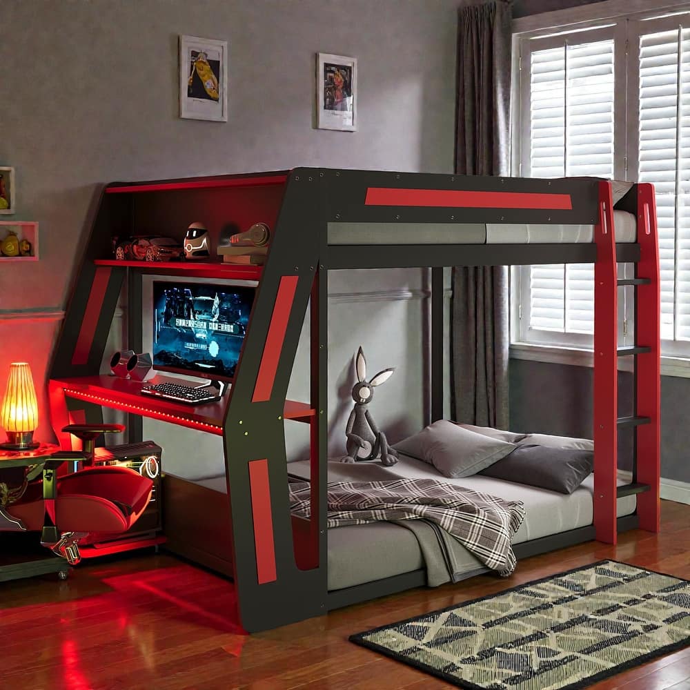 Full Size Gaming Loft Bed with RGB Desk, USB Charging Ports, LED Lights, Heavy Duty Esports Bunk Bed