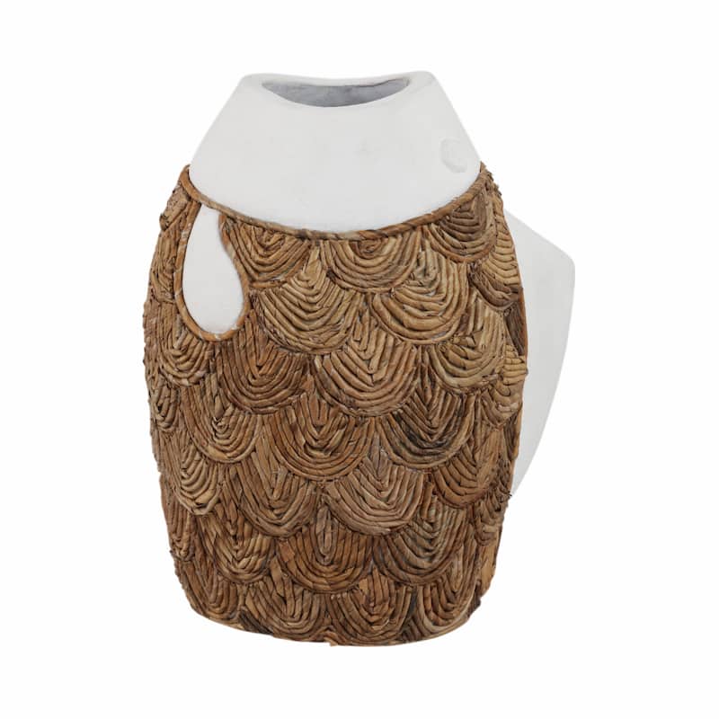 Pottery Terracotta Decorative Vase with Woven Banana Fiber Detailing - Ivory/ Tan - 12" x 9" x 15"