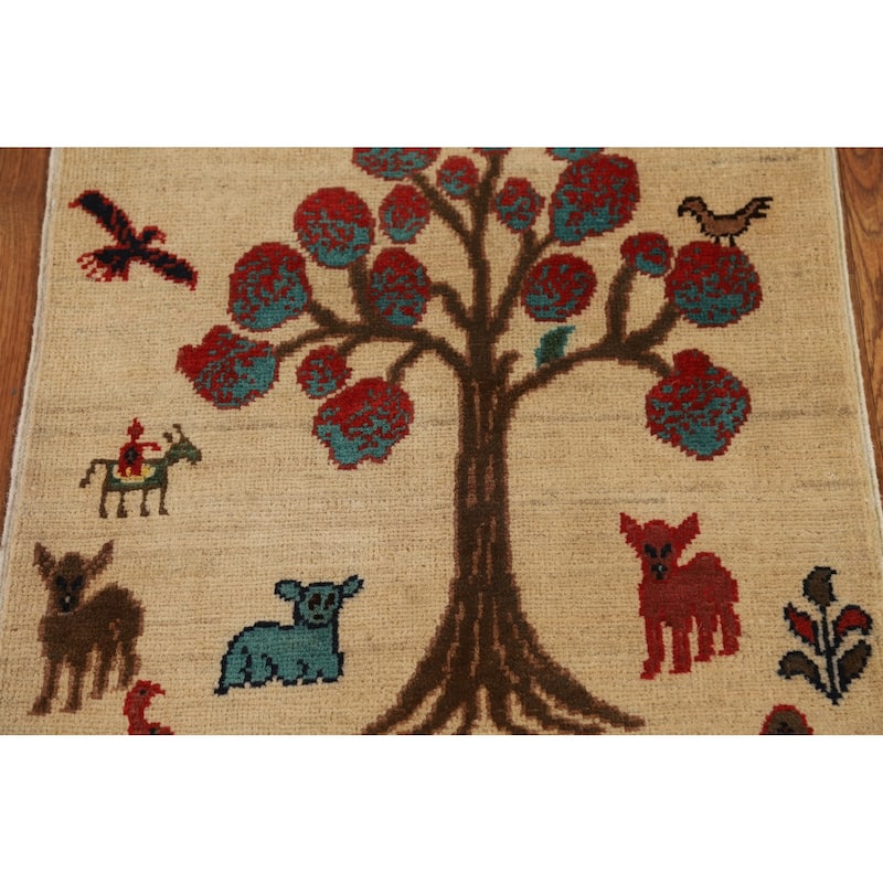 Animals Pictorial Kazak Oriental Foyer Rug Handmade Beige Wool Carpet - 2'0" x 3'0"
