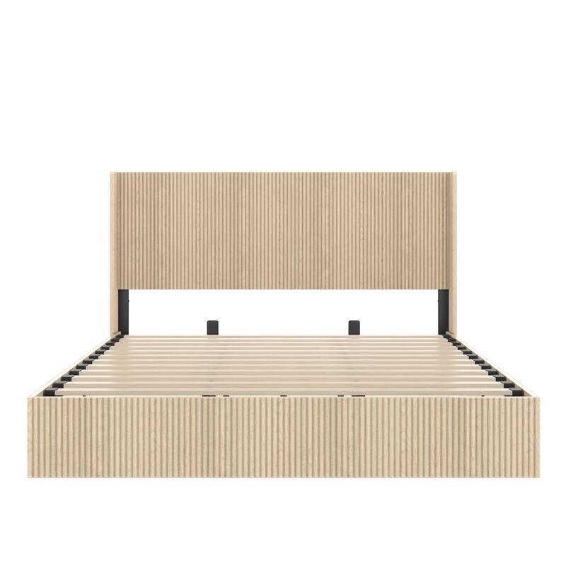 Lift Up Storage Bed Frame Undulating Hydraulic Platform Bed Frame with Wingback Headboard, No Box Spring Needed, Noise Free,Oak