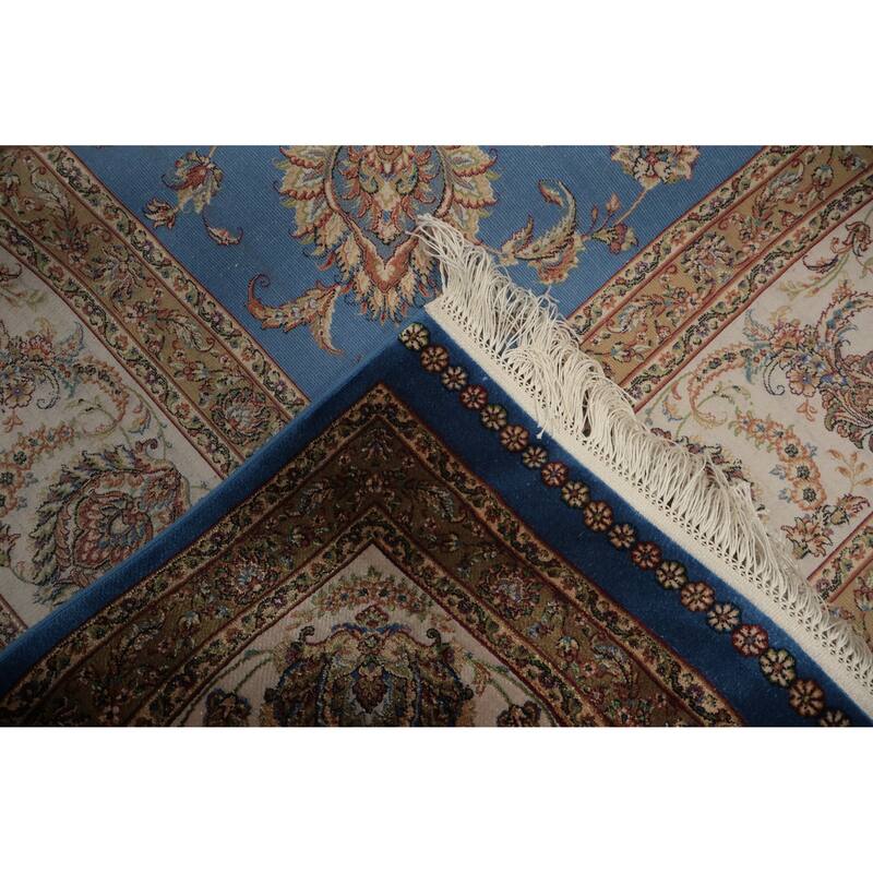 Machine Made Oriental 90% Silk - 10% Polyester Carpet Traditional Floral Navy Blue & Blues Qum Area Rug - 9' 10'' X 6' 7''