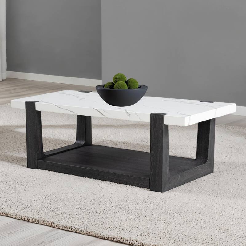 Furniture of America Wynel Modern 48-inch 1-Shelf Faux Marble Top Coffee Table - Black and White