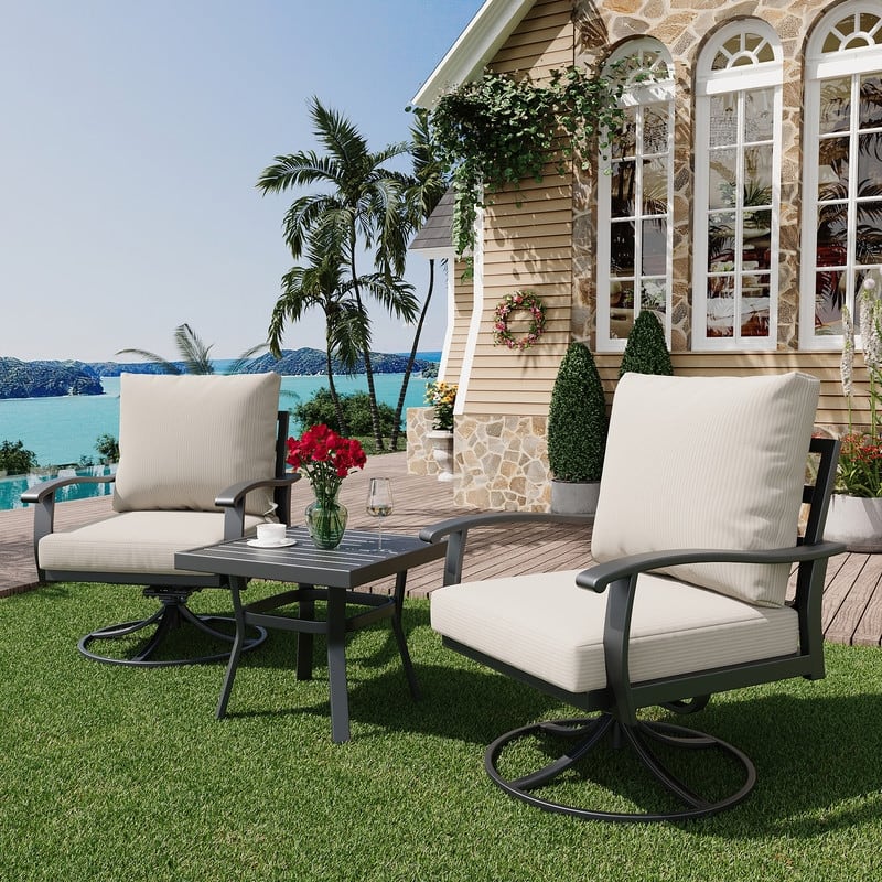 Erommy Patio Set: 360° Swivel Rockers, Sofa, Ottomans & Table – Outdoor Conversation Set for Poolside, Garden & Deck