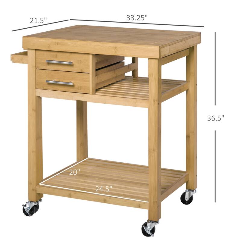 HOMCOM Bamboo Rolling Kitchen Island Trolley Utility Cart with Rolling Wheels, 2 Storage Drawers & Adjustable Shelving