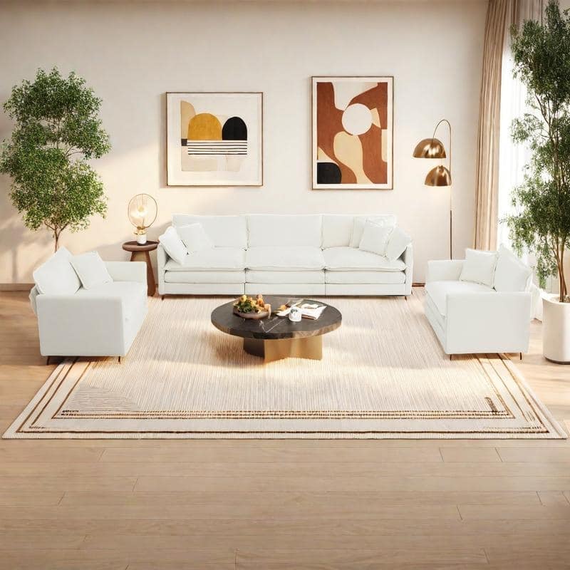 5-Seat Chenille Living Room Sofa Set (3-Seater + 2 Accent Chairs) with Round Arms & Solid Wood Frame