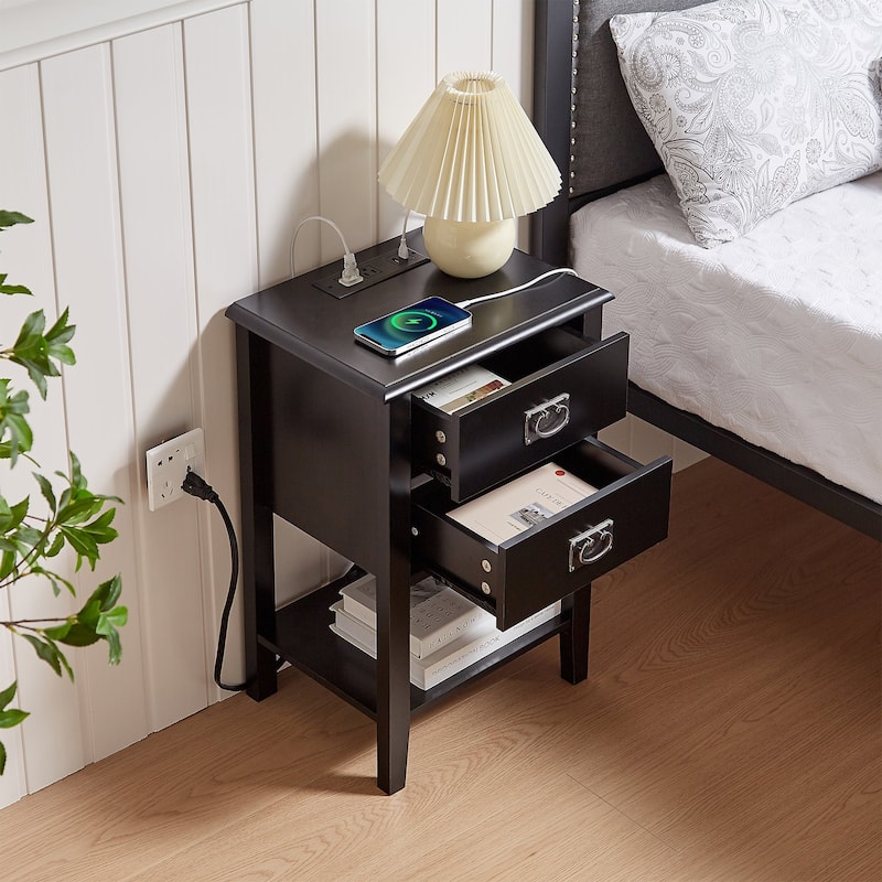 VECELO Mid Century Modern Nightstand with Charging Station and USB Port, Set of 2 Nightstands