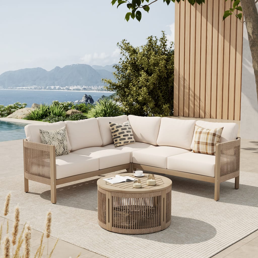 Outdoor 4-Piece Conversation Set Solid Acacia Wood L-Shaped Sectional Sofa with Storage Coffee Table