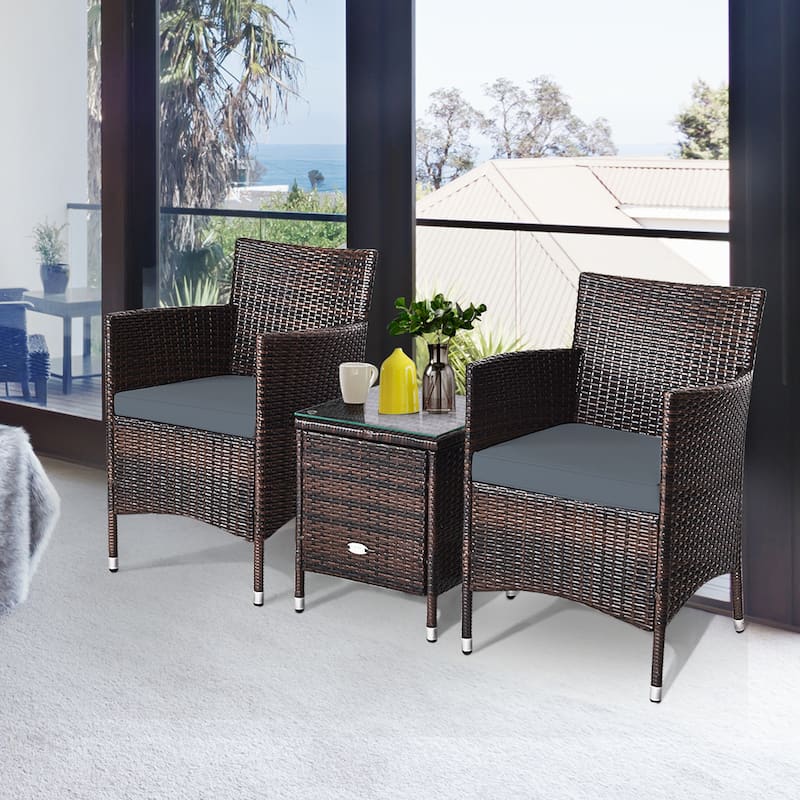 Gymax 3PCS Patio Rattan Furniture Set Outdoor w/ Cushioned Chairs - See Details