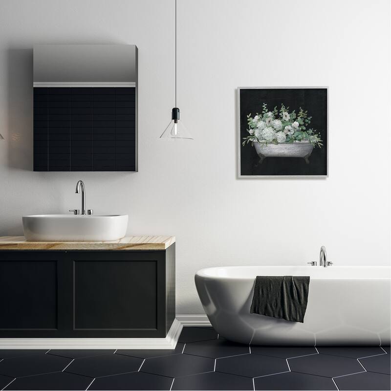 Stupell Vintage Clawed Bathtub Botanical White Flower Bouquet Framed Wall Art - Black