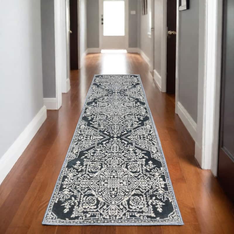 HomeRootsOriental Traditional Rectangle Area Rug - 90.55' X '26.77' X '0.39 - Blue/Ivory