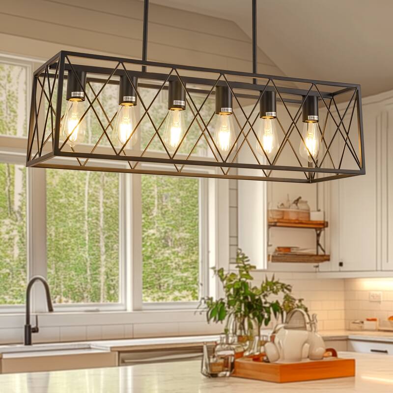 YANSUN 6-Light All-Black Iron Frame Island Pendant Light with Cross-Mesh Design and Hanging Rod, E26 Base