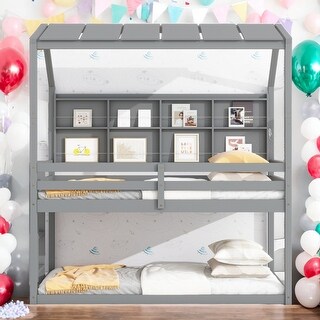 Twin House Loft Bunk Bed Kids Bed with Guardrails Semi-enclosed Roof Bedside Shelves and Ladder, Grey