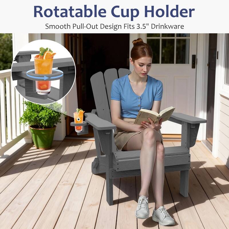 Domi Folding Adirondack Chair,Wooden Textured with Cup Holder,HDPE