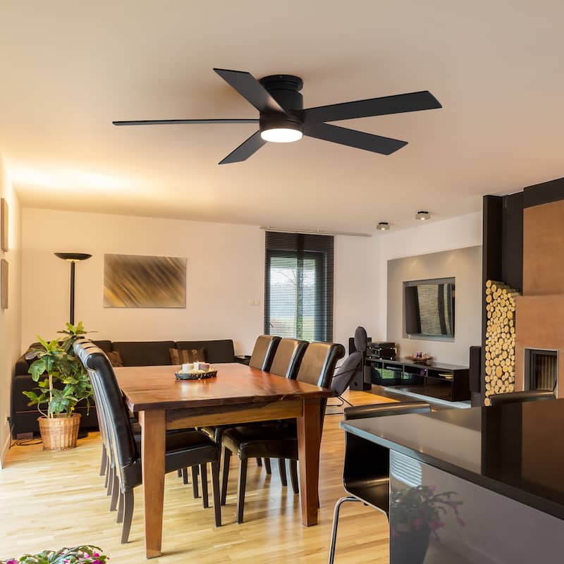 42"/52" Modern Black Flush Mount Ceiling Fan with LED Light and Remote