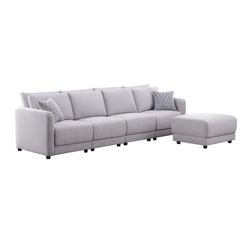 Penelope Light Gray Linen Fabric 4-Seater Sofa with Ottoman & Pillows
