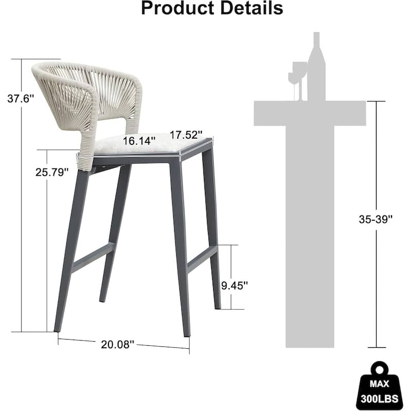 PURPLE LEAF Bar Stool Set of 2 Outdoor Rattan Bar Chair with Back Metal Bar Height Stool Wicker Barstool Dark Grey - N/A