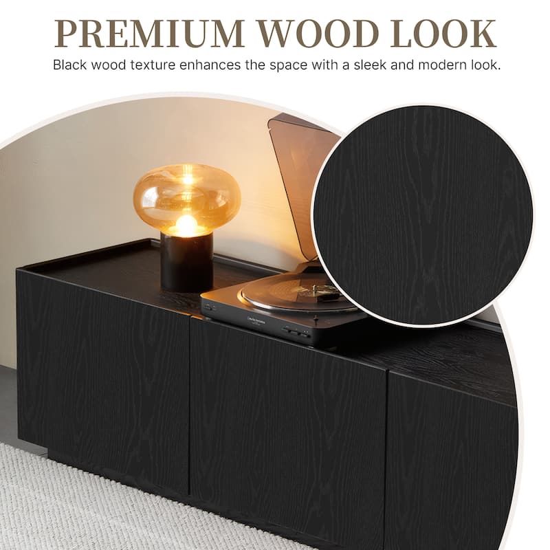 78.74" Modern TV Stands, Black Wood Texture, with 4 Large Cabinets for Storage