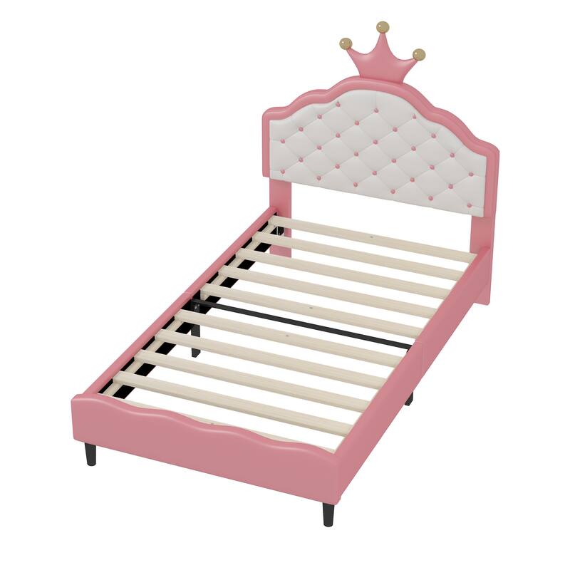 Twin Size Crown Fantasy PU Leather Princess Bed with Tufted Headboard, Pink and Cream