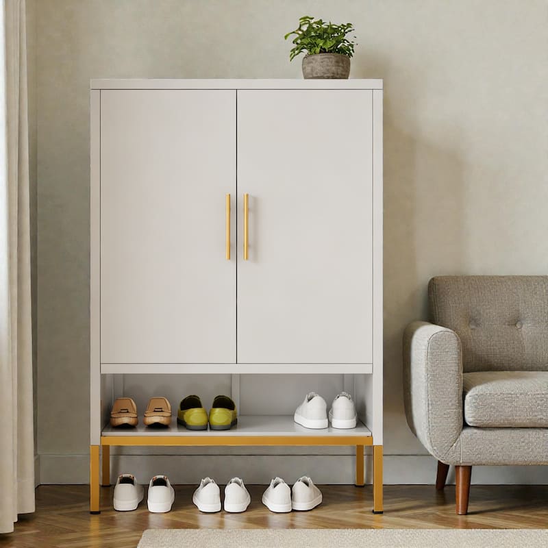 40 Inch Tall Metal Shoe Cabinet with 2 Doors, 7 Tier Narrow Shoe Storage Organizer for Entryway and Closet - White