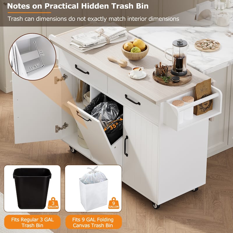 Rolling Kitchen Island with Trash Can Storage Cabinet, Kitchen Cart with Drop Leaf, Spice Rack, Towel Rack and Drawer