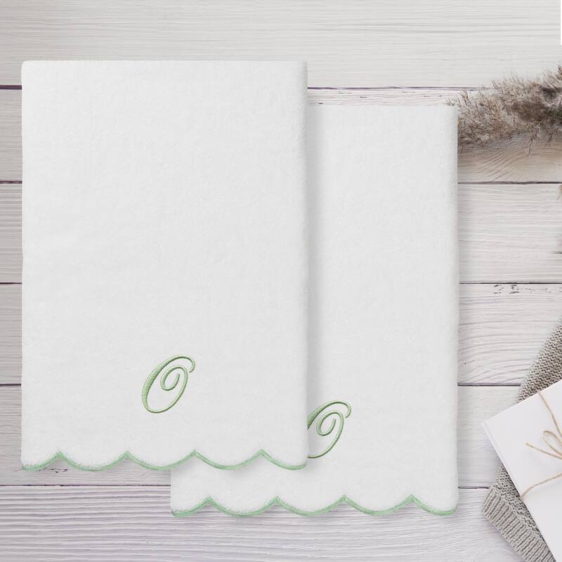 Authentic Hotel and Spa 100% Turkish Cotton Green ADORNIA Scallop Personalized 2 Piece Bath Towel Set - 2 Bath Towels