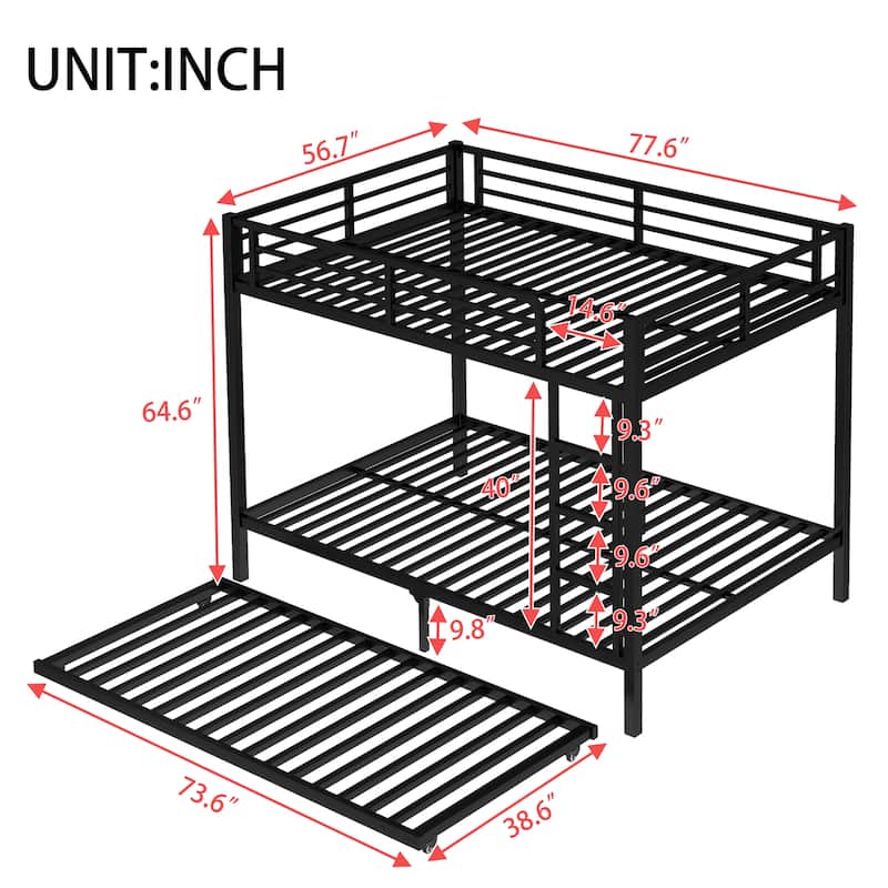 Heavy Duty Metal Bunk Bed Frame with Twin Size Trundle, Noise Free