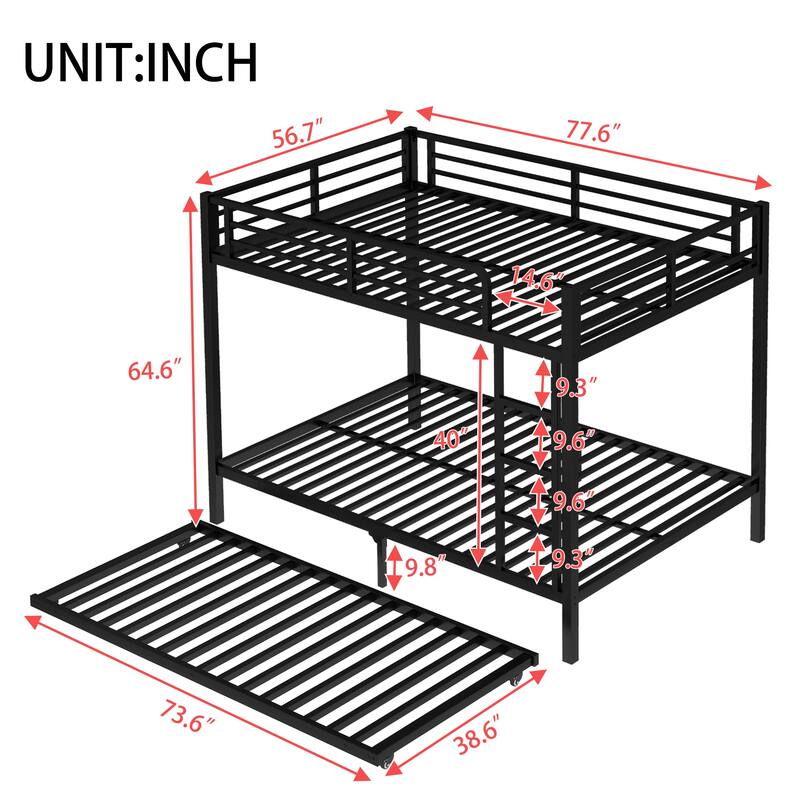 Roomfitters Twin/Full Metal Bunk Bed with Twin Trundle, Space-Saving Design for Teens & Adults, Black