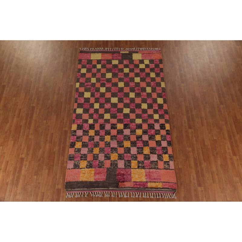Checkered Pink Moroccan Oriental Area Rug Handmade Wool Carpet - 5'8" x 9'8"