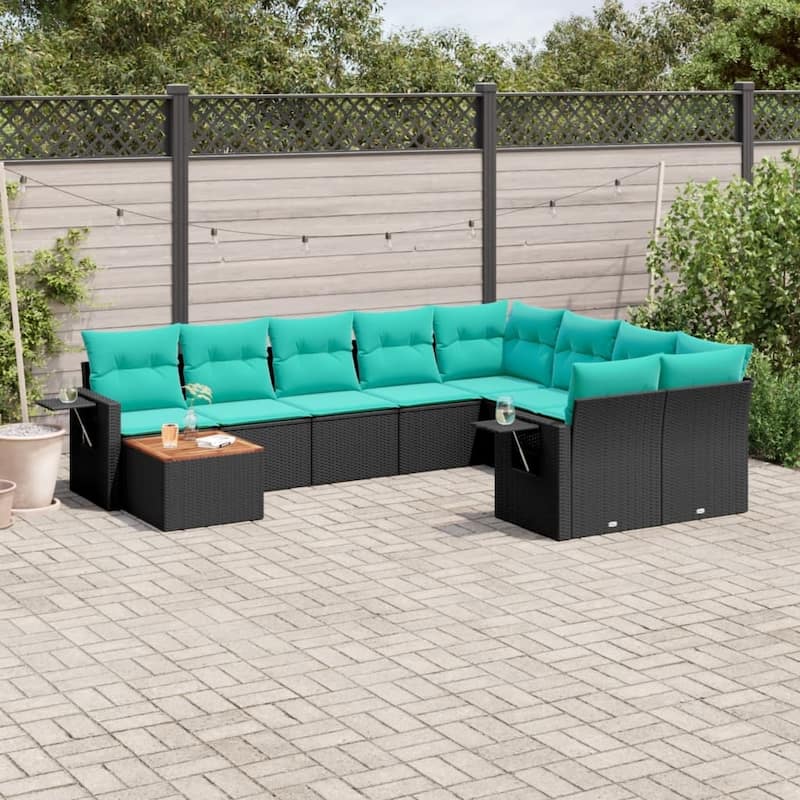 vidaXL 10 Piece Patio Sofa Set with Cushions Black Poly Rattan - 24.4" x 24.4" x 27.2" - Black  - form4