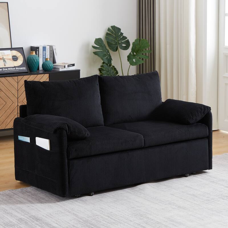 3-in-1 Adjustable Sleeper Sofa Bed Corduroy Loveseat Couch with 2 Back Pillows, Detachable Armrest Pillows and Side Pockets