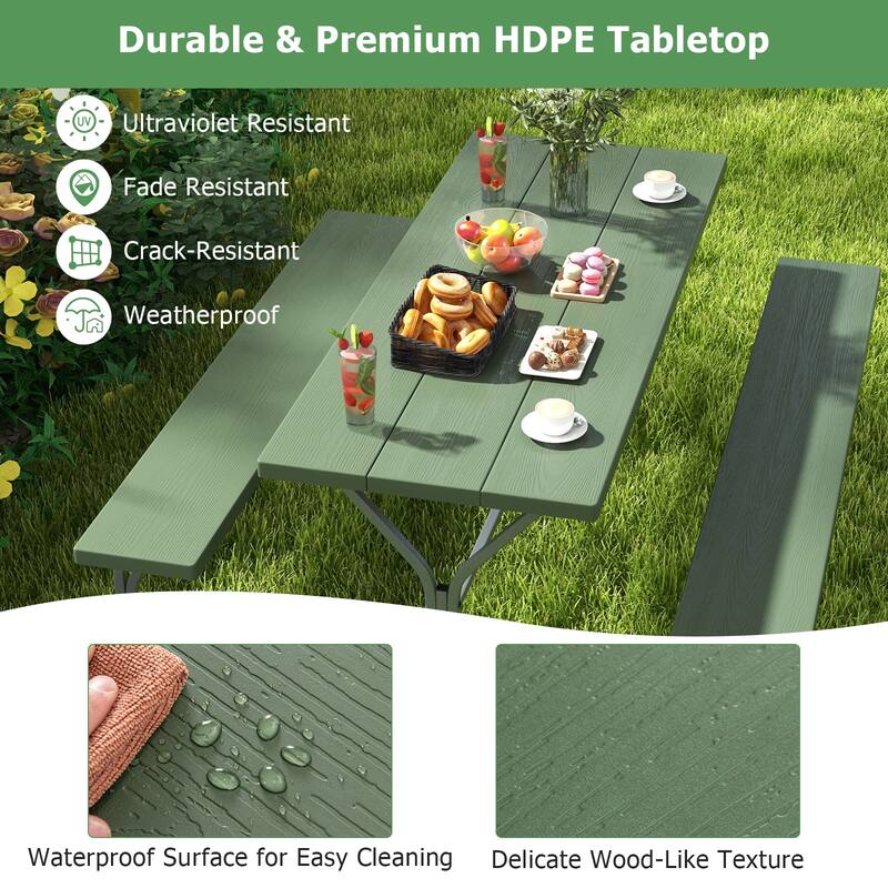 72 Inch 8-Person Outdoor Picnic Table and Bench Set with HDPE Wood-Texture Top and with Built-in Umbrella Hole