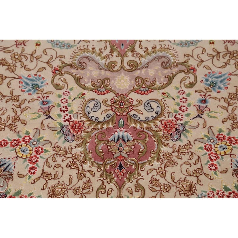Hand Knotted Oriental Wool & Silk Carpet Traditional Floral Beige & Ivories Tabriz Area Rug - 10' 4'' X 6' 6''
